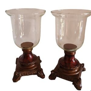 Tri-Vista Designs Hurricane Candle Holders Pair Bronze Burgundy Glass Ornate